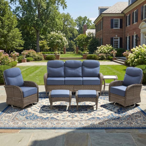 Goyal Brown 6-Piece Wicker Patio Conversation Swivel Glider Set Outdoor Sofa Seating Set with 6 in. Blue Cushions