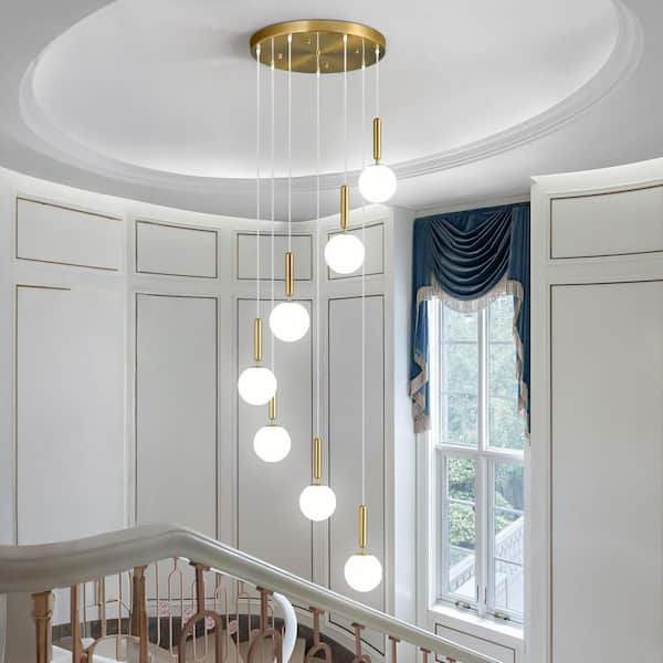 Home Lighting 40W 7-Light Mid Century Gold Retro Round Chandeliers with Globe Milky White Glass for Foyer Entryway