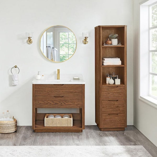 ROSWELL Harbin 36 in.W x 22 in.D x 33.9 in.H Single Bath Vanity in Oak Weathered Brown with White Engineered Stone Composite Top