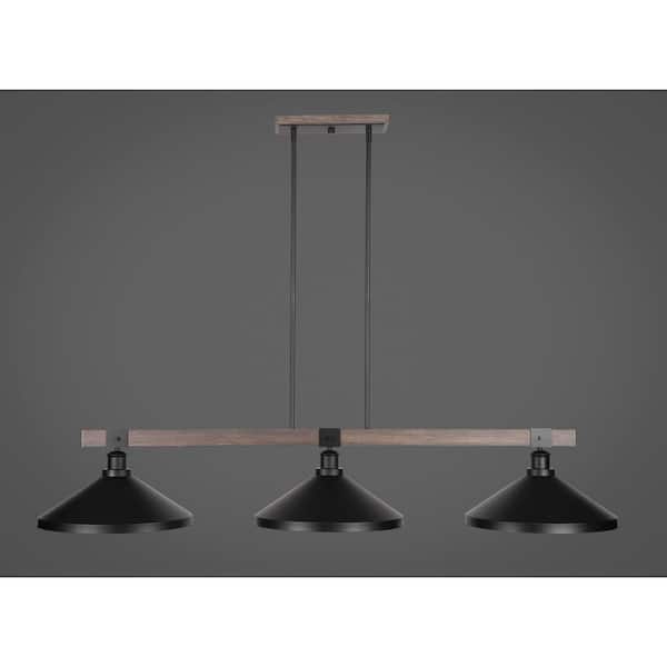 Richmond 3-Light Matte Black and Painted Wood-Look Metal Billiard Light
