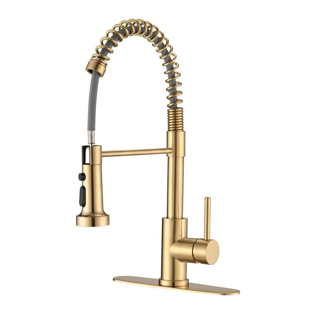 Single-Handle Deck Mount Spring Pull-Down Sprayer Kitchen Faucet with Deckplate in Brushed Gold -  PROOX, PRAA289BG