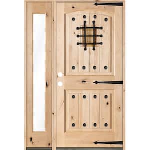 44 in. x 80 in. Mediterranean Unfinished Knotty Alder Arch Right-Hand Left Full Sidelite Clear Glass Prehung Front Door