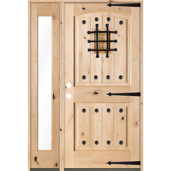 Krosswood Doors 44 in. x 80 in. Mediterranean Unfinished Knotty Alder Arch Right-Hand Left Full Sidelite Clear Glass Prehung Front Door