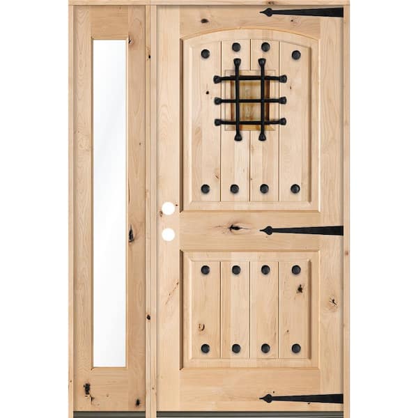 Krosswood Doors 46 in. x 80 in. Mediterranean Unfinished Knotty Alder Arch Right-Hand Left Full Sidelite Clear Glass Prehung Front Door