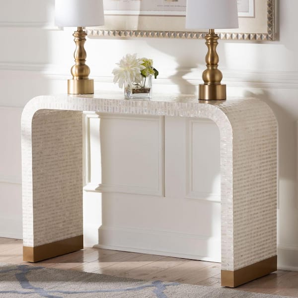 bali & pari Carlyn 42.9 in. Beige and Gold Specialty Waterfall Capiz Shell Tile Console Table