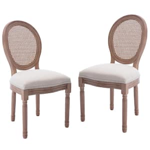 French Beige Fabric Upholstered Rattan Back Dining Chair with Rubber Legs, Farmhouse Side Chairs (Set of 2)