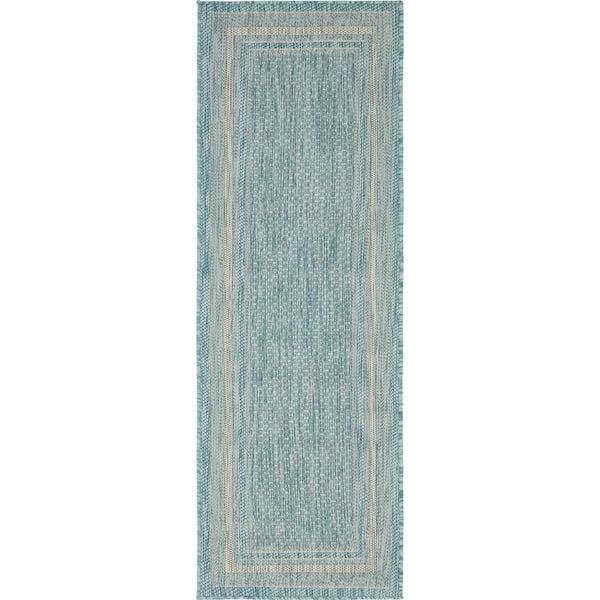 Unique Loom Outdoor Soft Border Aquamarine 2' 0 x 6' 0 Runner Rug