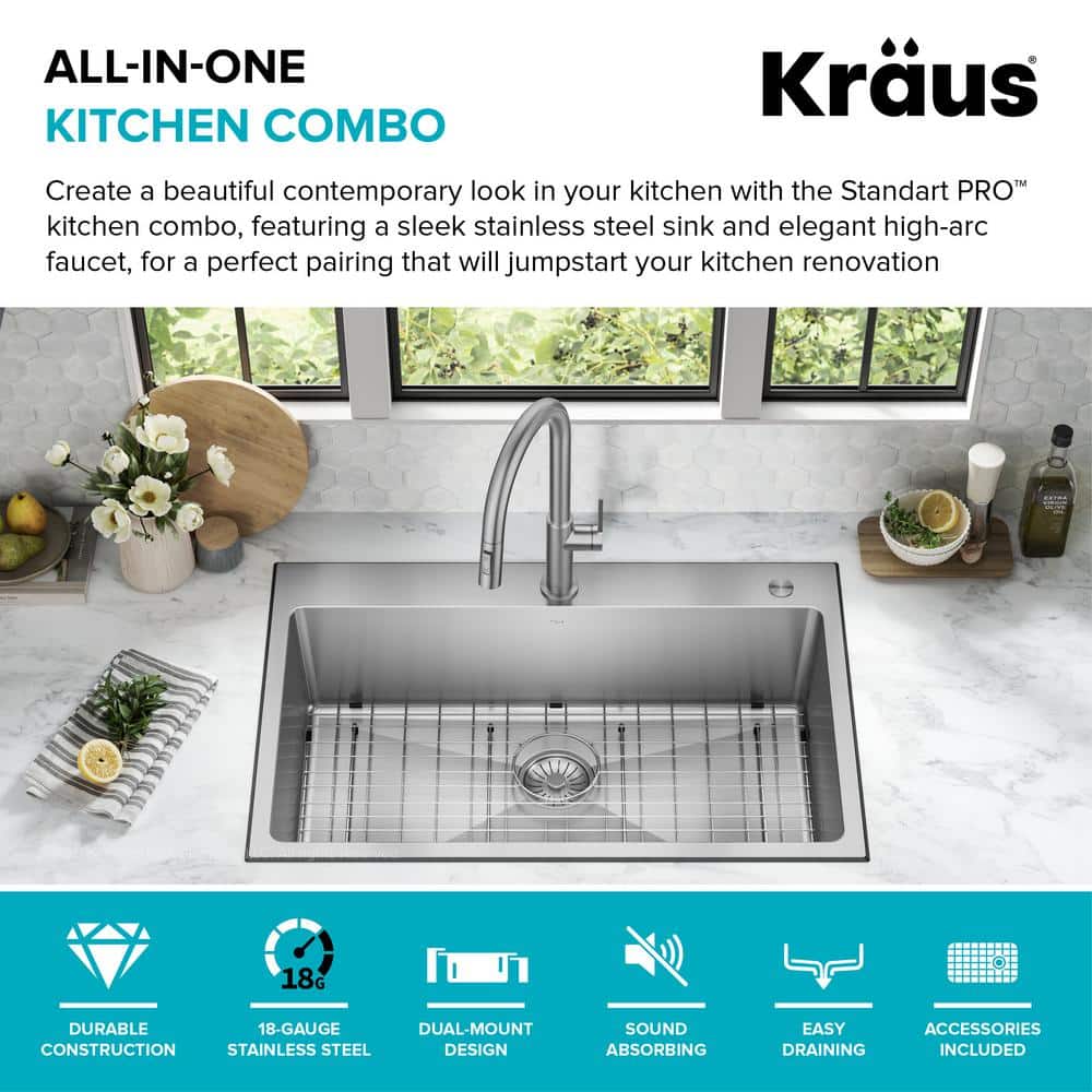 33-Inch Stainless Steel Drop-In Single Bowl Kitchen Sink with Drainboard