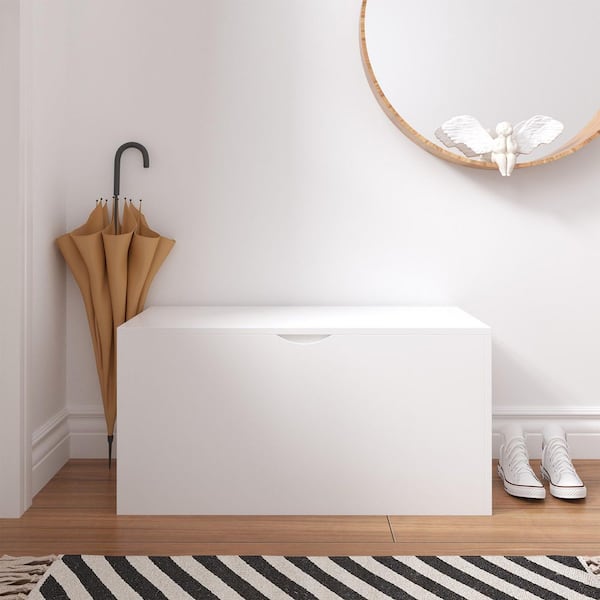 Qiro 15.7 in. H x 31.5 in. W x 13.8 in. D Modern White Wood Kids Toy Chest Storage Box with Rolling Drawer and Wheels