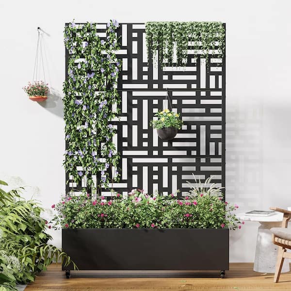 72 in. x 47 in. Black Outdoor Metal Privacy Screen Raised Planter Box Wall Decor