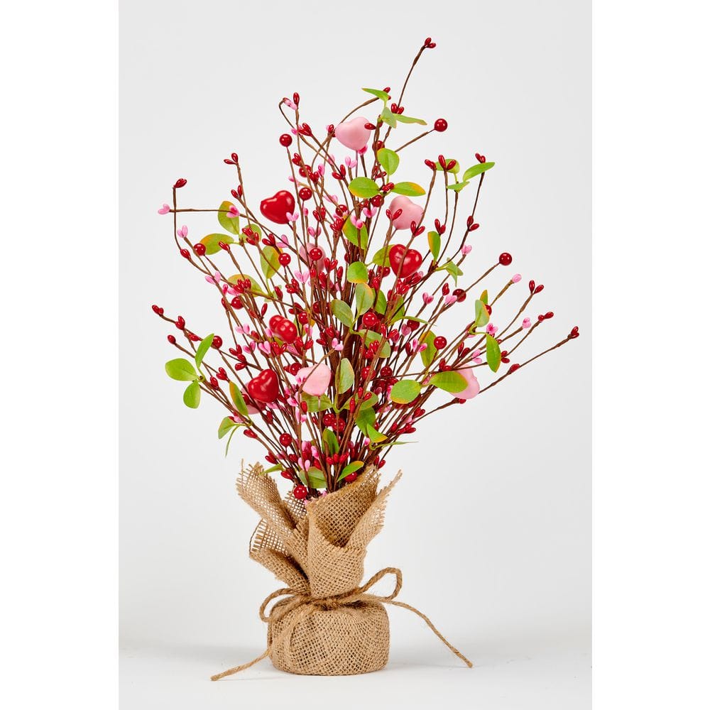 18 in Valentines Day Pink and Red Hearts with Berries Table Tree in Burlap