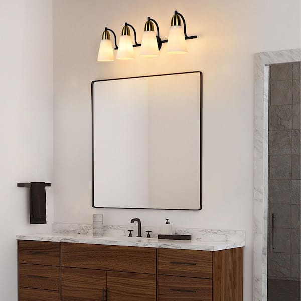 28.4 in. 4-Light Black and Gold Bathroom Vanity Light With Cone Milk Glass Shade