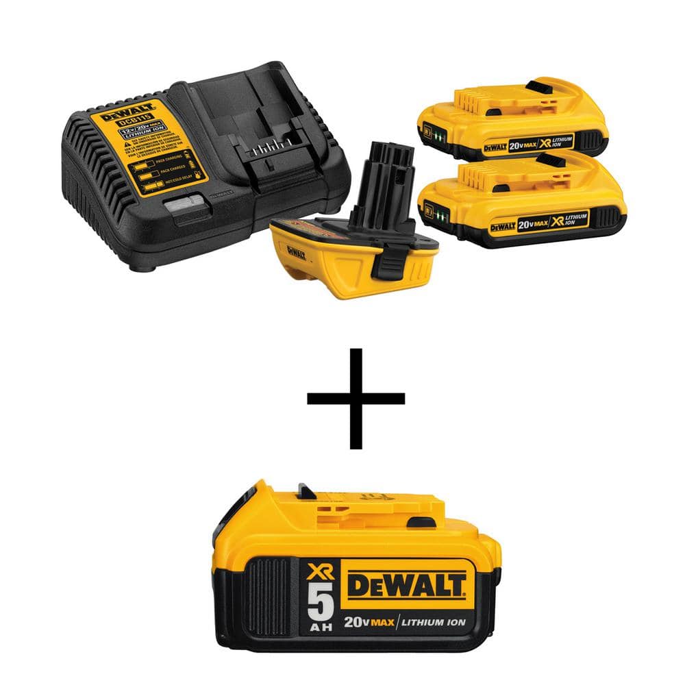 Estate hydrogen Kollisionskursus DEWALT 18V to 20V MAX Lithium-Ion Battery Adapter, Charger, (2) 2.0Ah  Battery Packs and 20V MAX XR 5.0Ah Battery DCA2203CWDCB205 - The Home Depot