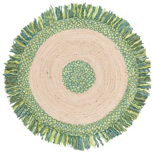 Cape Cod Green/Natural 4 ft. x 4 ft. Braided Fringe Border Round Area Rug