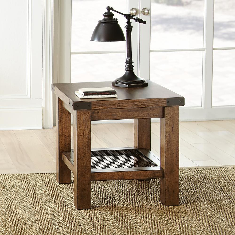 Distressed Oak and Metal Industrial Square End Table