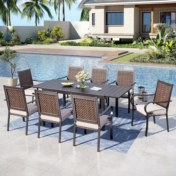Black 9-Piece Metal Patio Outdoor Dining Set with Extendable Table and Rattan Arm Chairs with Beige Cushion