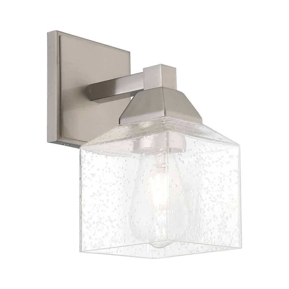 Brushed Nickel Dimmable Wall Sconce with Hand Blown Clear Seeded Glass