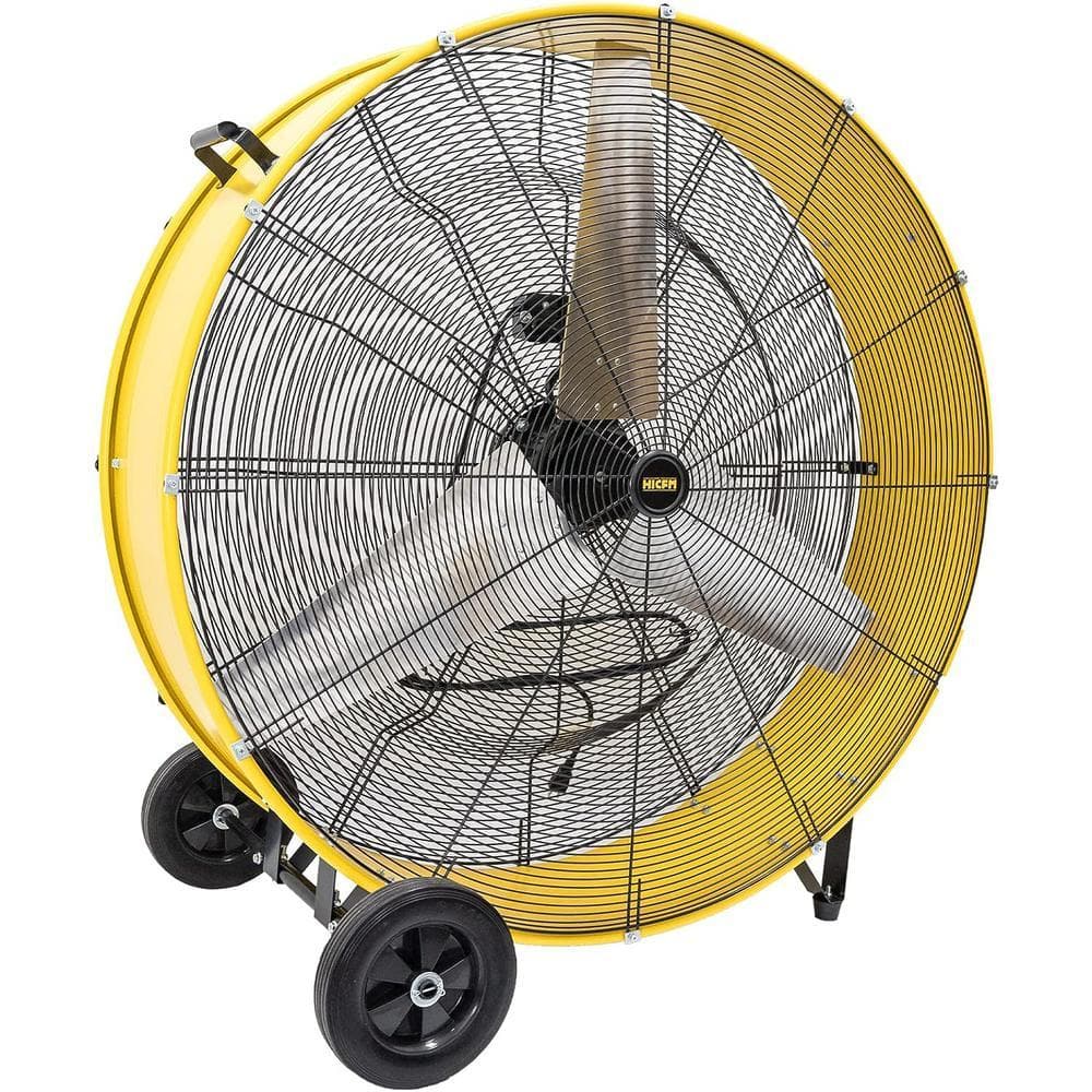 WOCK HICFM 42 in. Yellow Industrial Drum Fan, 26800 CFM, 4/5 HP Motor, Heavy Duty Barrel, 8 in. Wheels, UL Listed