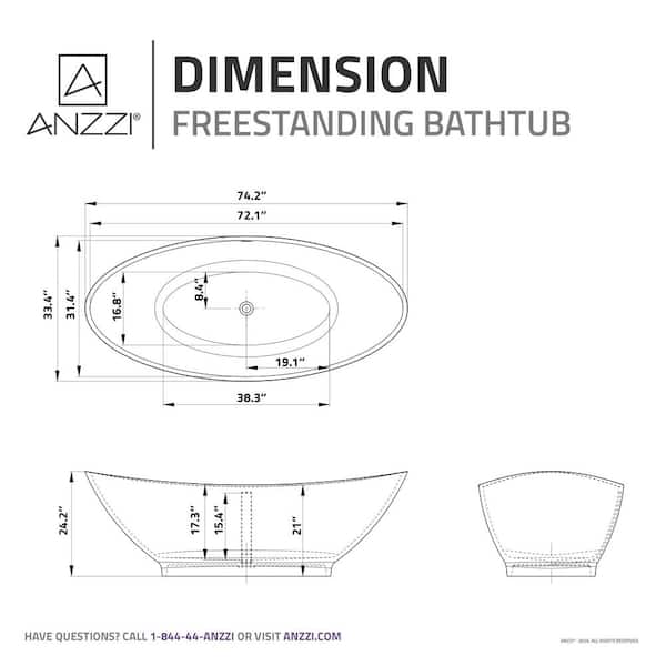 ANZZI Ala Series 74 in. x 34 in. Flat Bottom Solid Surface