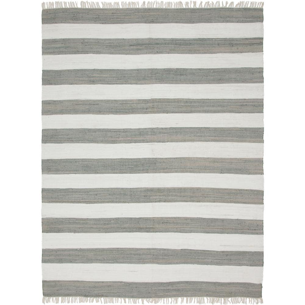 Handwoven Recycled Cotton Striped Rug - 9' x 12' - Gray and Ivory