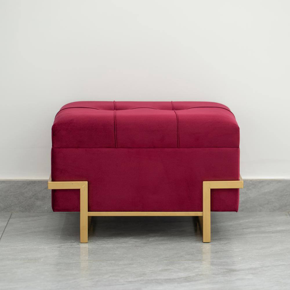 Velvet Red Storage Ottoman with Golden Abstract Legs