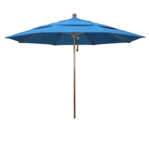 11 ft. Woodgrain Aluminum Commercial Market Patio Umbrella Fiberglass Ribs and Pulley Lift in Canvas Cyan Sunbrella