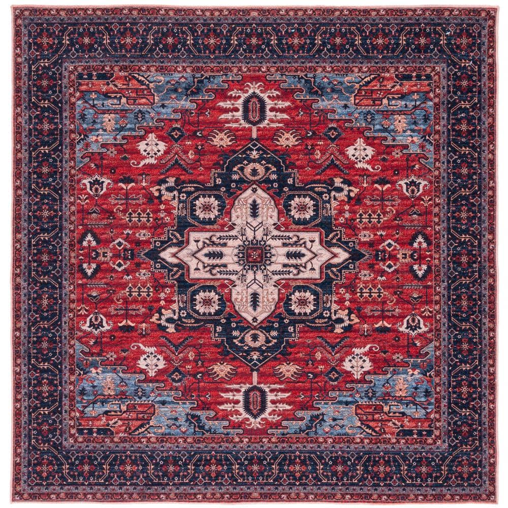 Serapi Red and Navy Square Viscose Area Rug