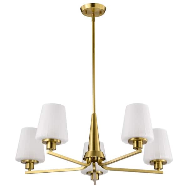 Lune 5-Light Vintage Brass Traditional Chandelier with Etched White Glass Shades