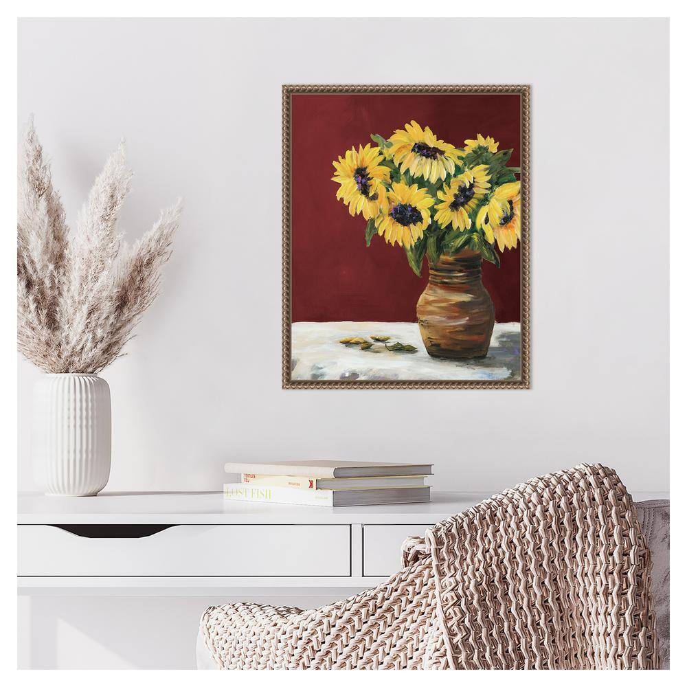 Sunflowers in Maroon Beaded Framed Canvas Wall Art