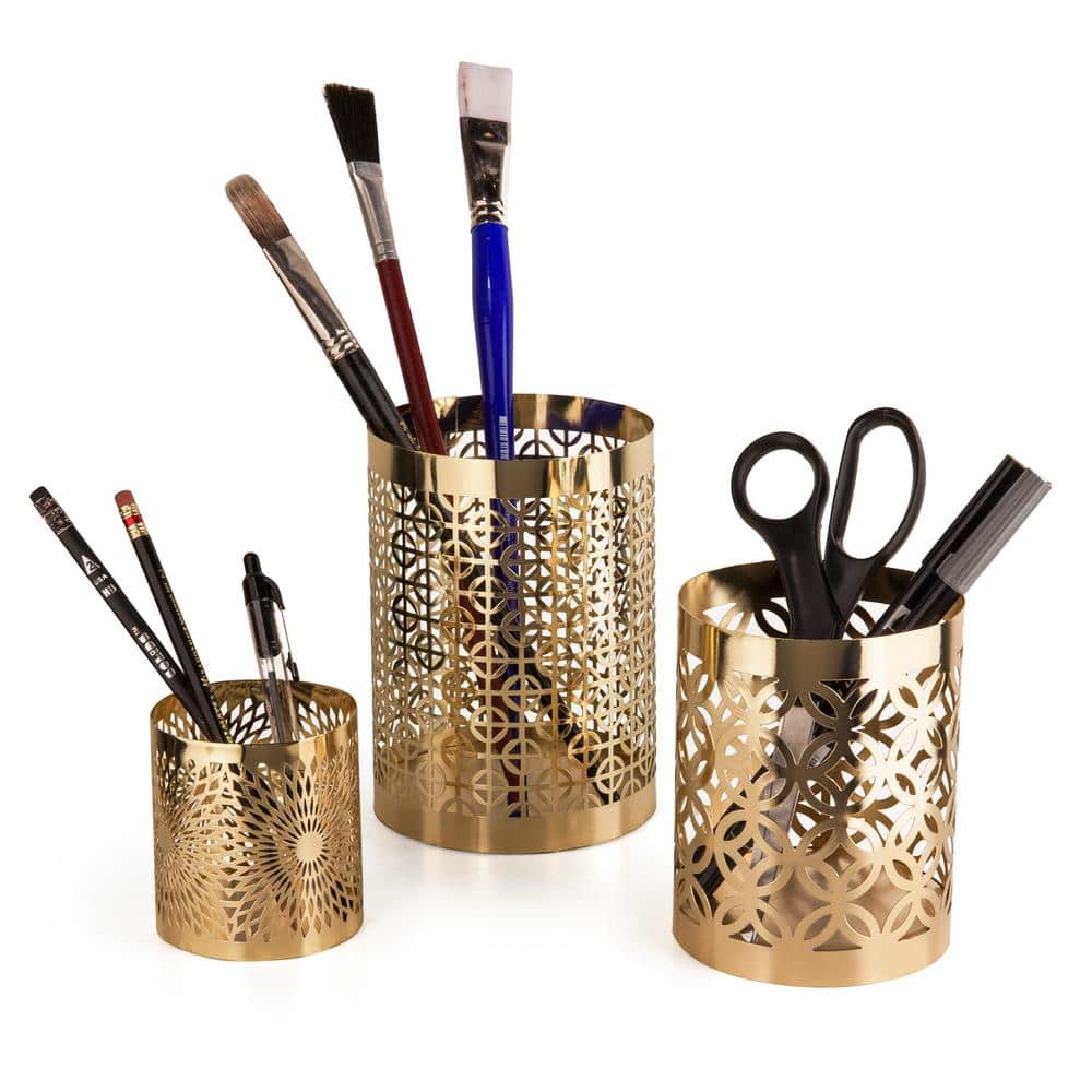 Set of 3 Gold Filigree Metal Hurricane Candle Holders