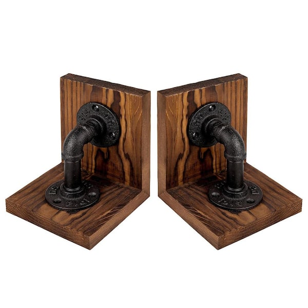 Rustic Brown 5 in. x 6 in. Wood Bookend with Realistic Industrial Pipe Design, 1-Pair
