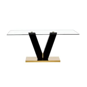 78.87 in. Black Modern Tempered Glass Rectangular V Shaped Pedestal Dining Table Seats 8