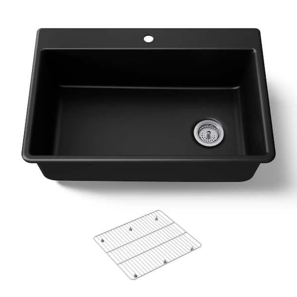 Kennon Drop-In Neoroc Granite Composite 33 in. 1-Hole Single Bowl Kitchen Sink in Matte Black with Basin Rack