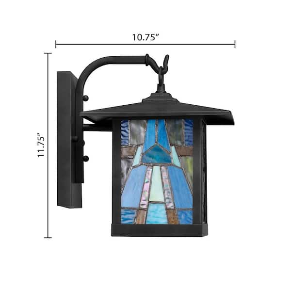 Mission 1-Light Black Hardwired Outdoor Wall Lantern Sconce with Aqua Stained Glass