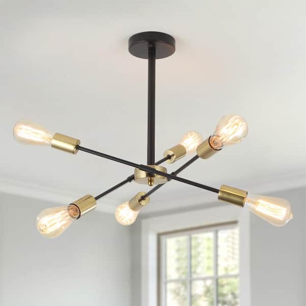 LWYTJO Elic 23.07 in. 6-Light Black/Gold Modern Linear Dimmable Sputnik Pendant Semi Flush Mount Chandelier, Bulb Not Included