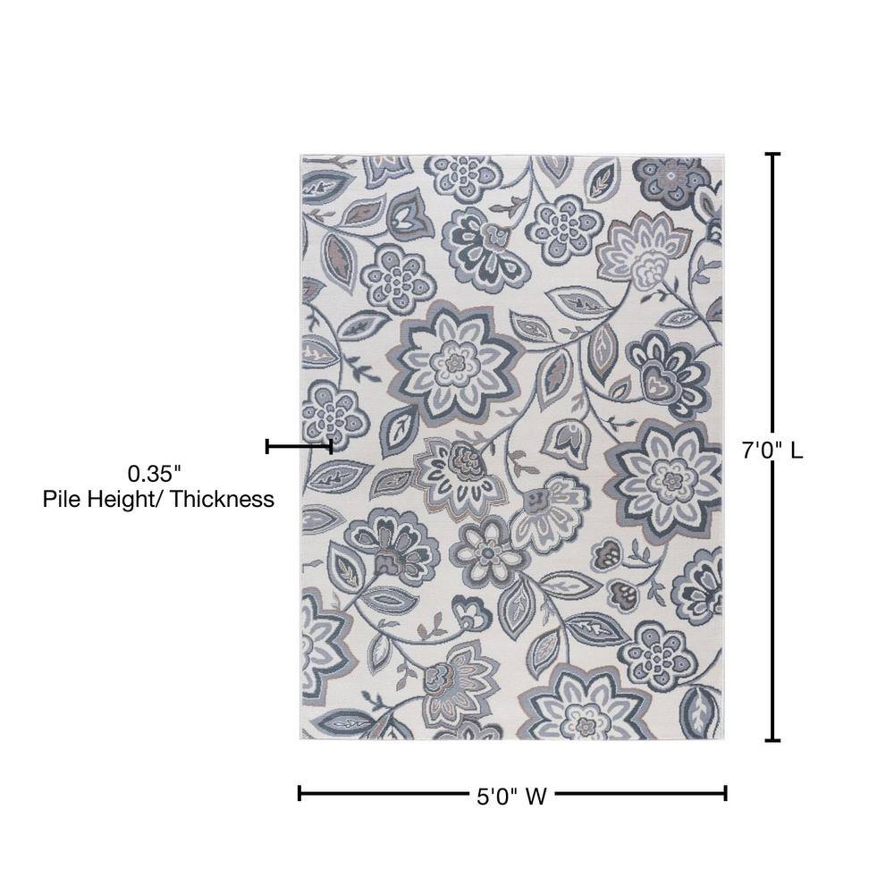 Cream Floral Synthetic 5' x 7' Reversible Area Rug
