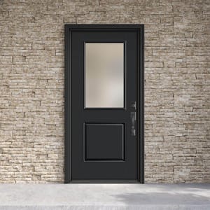 Performance Door System 36 in. x 80 in. 1/2 Lite Pearl Left-Hand Inswing Black Smooth Fiberglass Prehung Front Door