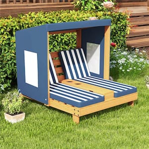 Blue 1-Piece Wood Outdoor Chaise Lounge with Cup Holders and Awning