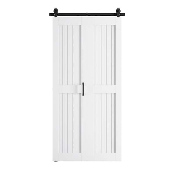 40 in. x 84 in. Bi-Fold Paneled H Shape White Finished MDF Composite Sliding Barn Door with Hardware Kit
