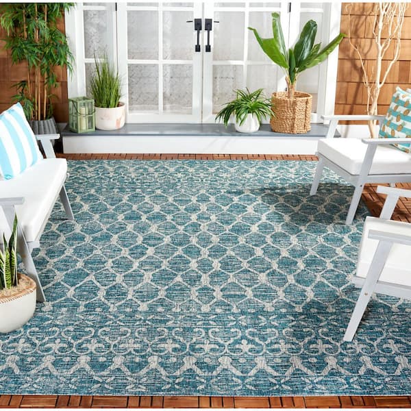 Courtyard Teal/Gray 8 ft. x 11 ft. Distressed Border Trellis Indoor/Outdoor Area Rug