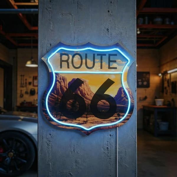 American Art Decor 16 in. x 16 in. Light Blue Route 66 Neon Style