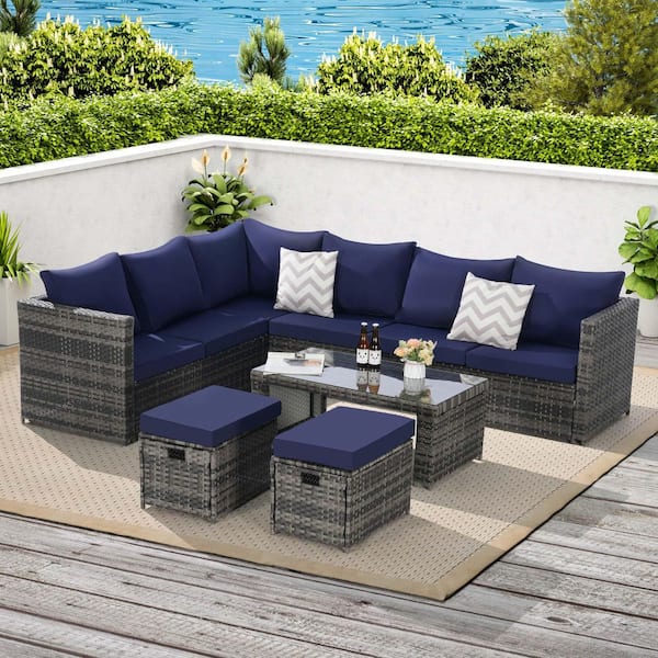 Tenleaf 6-Piece Wicker Patio Conversation Set with Dark Blue Cushions, Glass Table, Pillows