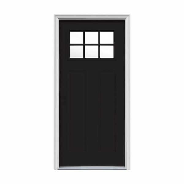 30 in. x 80 in. 6 Lite Craftsman Black Painted Steel Prehung Right-Hand Inswing Front Door w/Brickmould