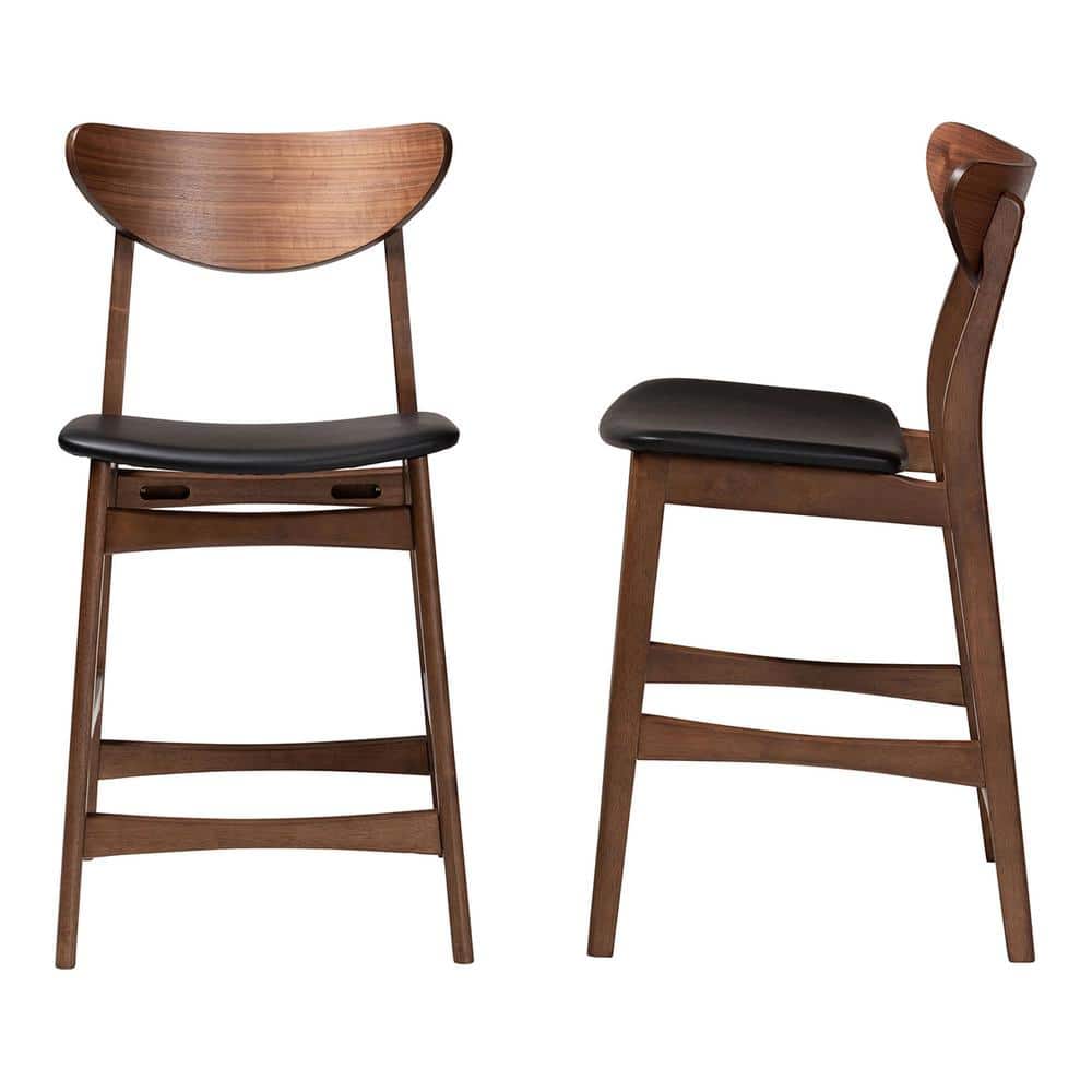 24" Modern Walnut Wood Counter Stool with Black Faux Leather