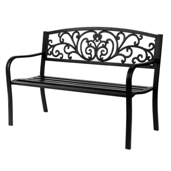 Outdoor Metal Bench w/PVC Floral Pattern Back, 2-Person Black Steel Bench, All-Weather Patio Bench for Park Porch