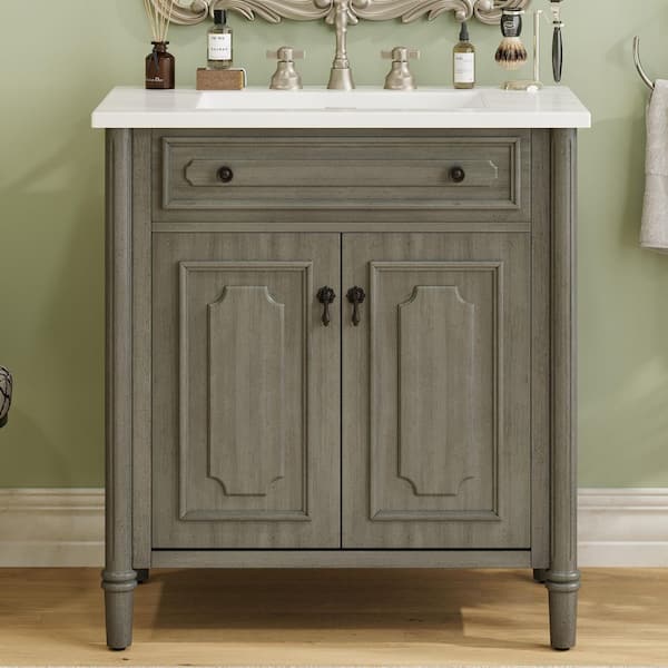 Villa 31 in. Single Sink Freestanding Bath Vanity in Antique Gray with Integral White Ceramic Top and Basin Unassembled