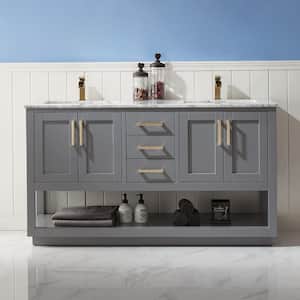 Remi 60 in. Bath Vanity in Gray with Carrara Marble Vanity Top in White with White Basins