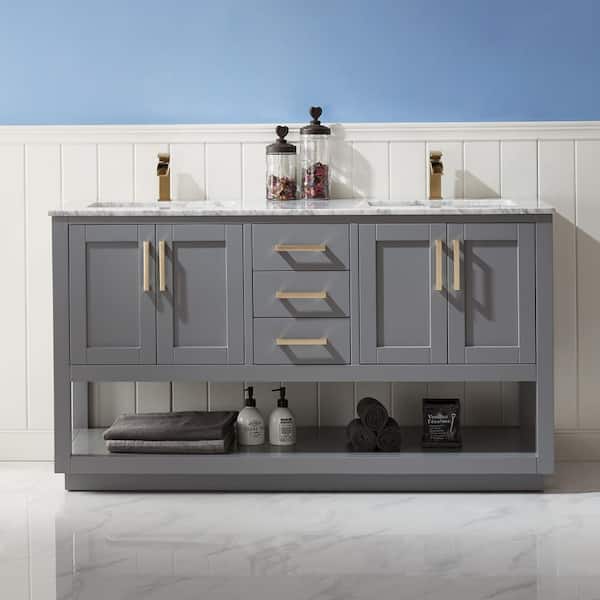 Remi 60 in. Bath Vanity in Gray with Carrara Marble Vanity Top in White with White Basins
