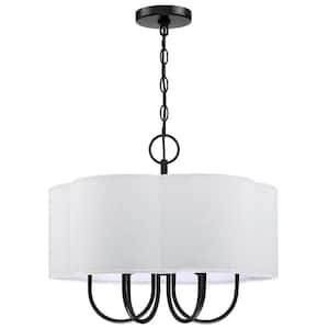 Selma 20 in. 6-Light Matte Black Drum Chandelier with White Linen Scalloped Shade