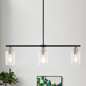 3-Light Black/Nickel Industrial Linear Chandelier with Glass Shades for Kitchen Island with No Bulbs Included